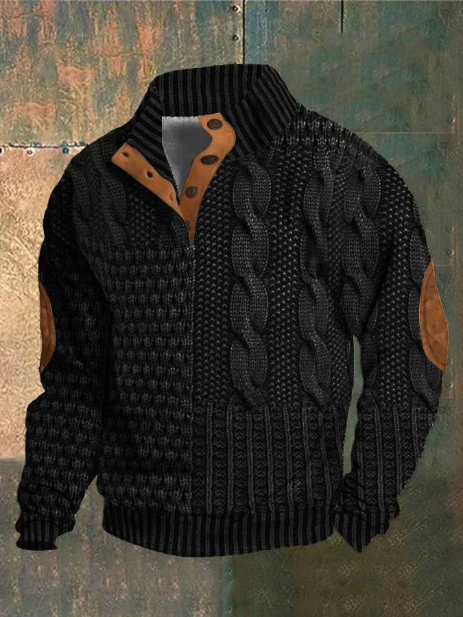 Men's stylish cable printed sweater with elbow patches