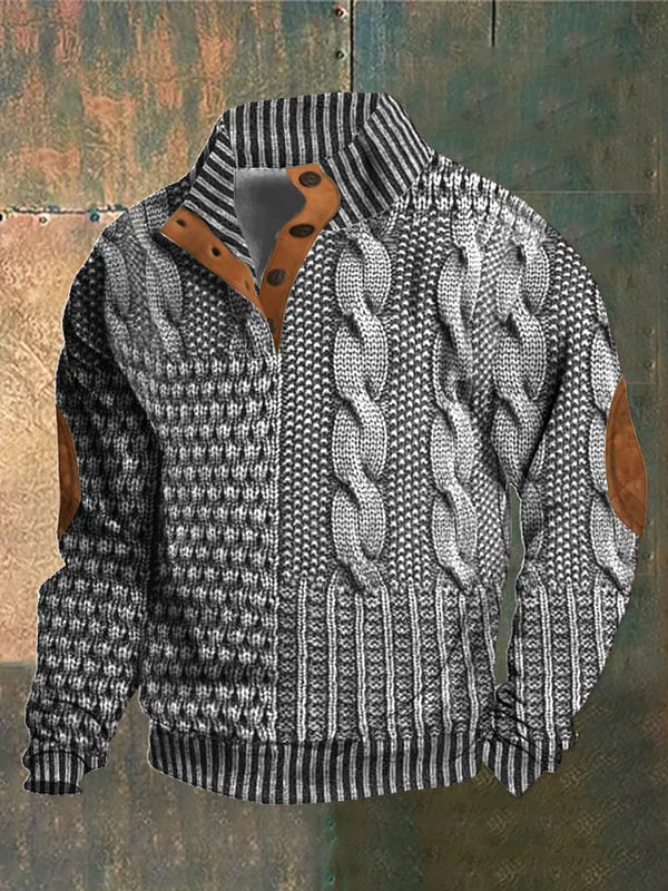 Men's stylish cable printed sweater with elbow patches