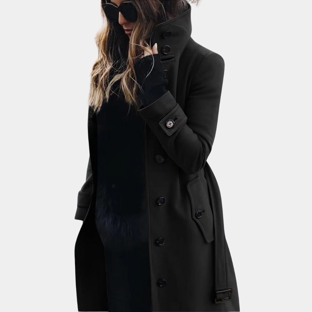 Women's Trench Coat - Double-Breasted - Belted Waist - Knee-Length Classic Fit
