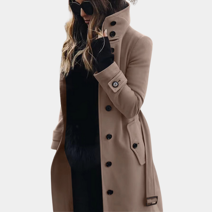 Women's Trench Coat - Double-Breasted - Belted Waist - Knee-Length Classic Fit