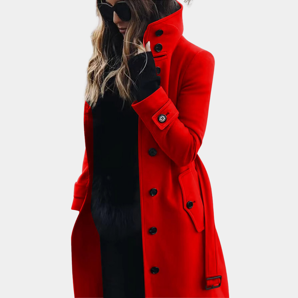 Women's Trench Coat - Double-Breasted - Belted Waist - Knee-Length Classic Fit