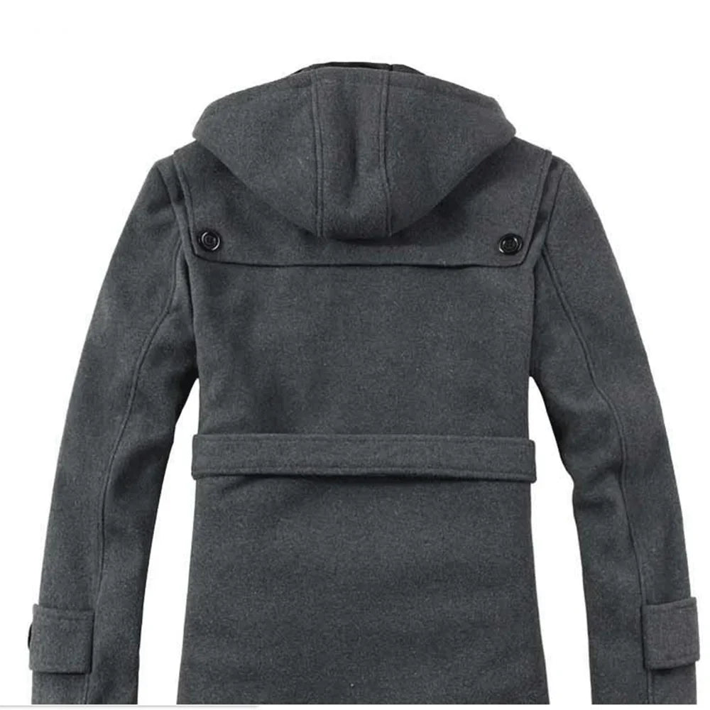 Men’s Hooded Trench Coat - Wool Blend - Faux Fur Lined - Single Breasted - Button Up