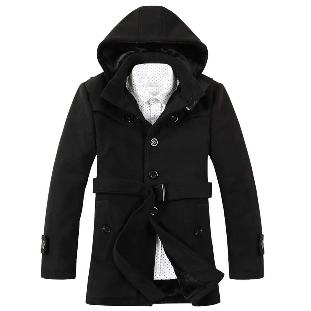Men’s Hooded Trench Coat - Wool Blend - Faux Fur Lined - Single Breasted - Button Up