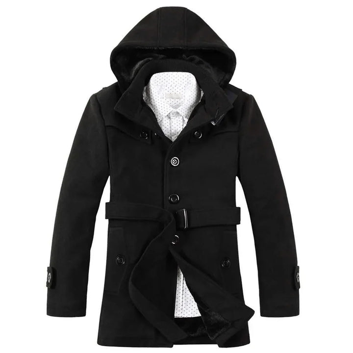 Men’s Hooded Trench Coat - Wool Blend - Faux Fur Lined - Single Breasted - Button Up