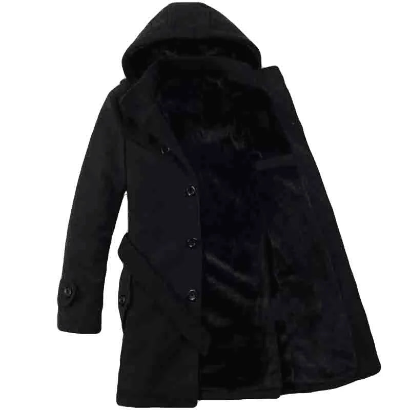 Men’s Hooded Trench Coat - Wool Blend - Faux Fur Lined - Single Breasted - Button Up