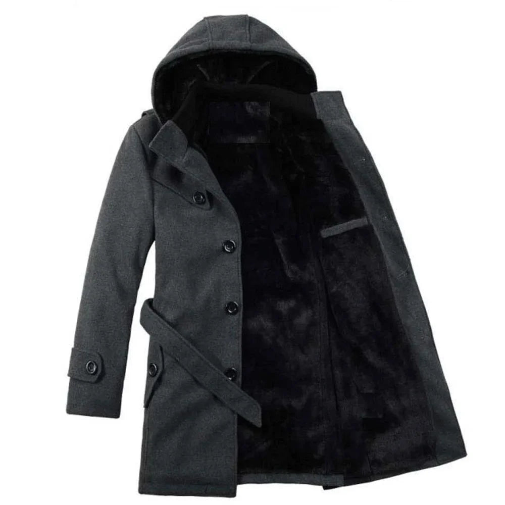 Men’s Hooded Trench Coat - Wool Blend - Faux Fur Lined - Single Breasted - Button Up