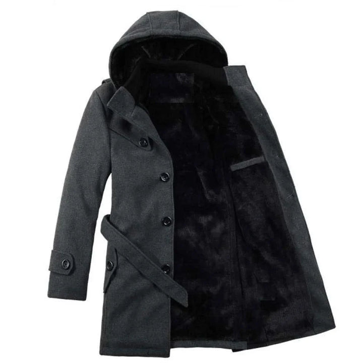 Men’s Hooded Trench Coat - Wool Blend - Faux Fur Lined - Single Breasted - Button Up