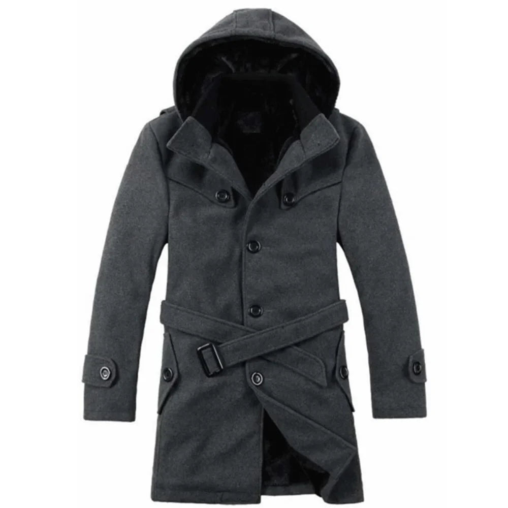 Men’s Hooded Trench Coat - Wool Blend - Faux Fur Lined - Single Breasted - Button Up