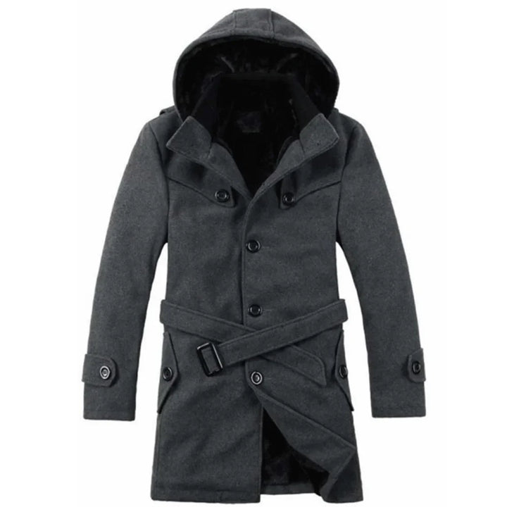 Men’s Hooded Trench Coat - Wool Blend - Faux Fur Lined - Single Breasted - Button Up